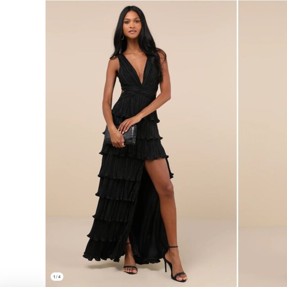 Lulus Black Satin Pleated Tiered Lace-Up Maxi Dress XS - Picture 1 of 10